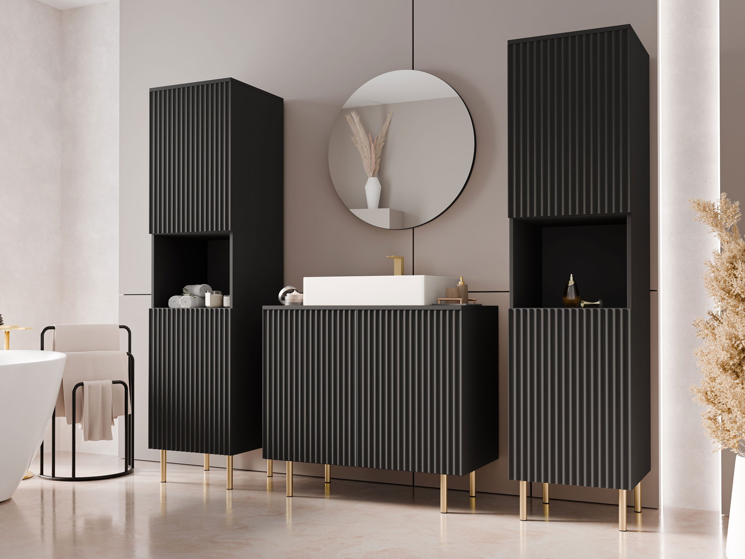 MIRJAN24 Badmöbel-Set Nubia VI, (5er-Set, Spiegel, Waschbeckenschrank, 2x Badezimmerschrank), Metallfüße, Waschbecken mit Siphon