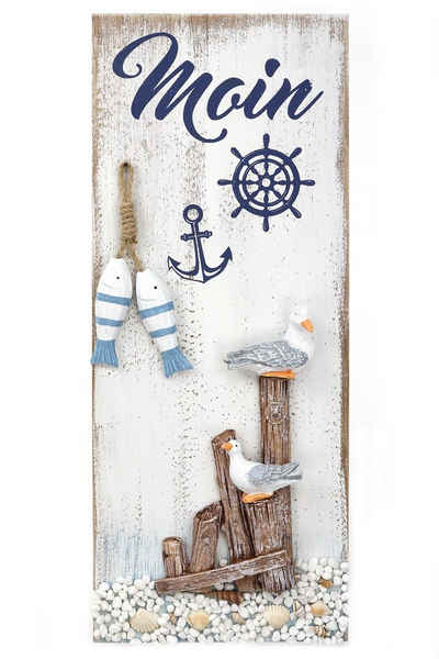 ELLUG Wandbild Maritime Wanddeko „Moin“ mit Möwen, Muscheln und Fischen aus Holz zum Aufhängen im Vintage/Retro Look, 40*20cm