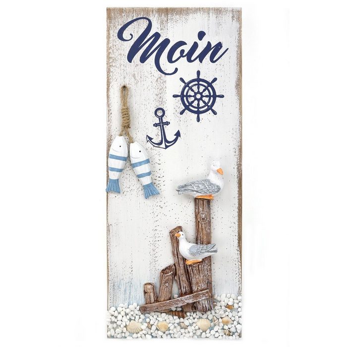 ELLUG Wandbild Maritime Wanddeko „Moin“ mit Möwen Muscheln und Fischen aus Holz zum Aufhängen im Vintage/Retro Look 40*20cm