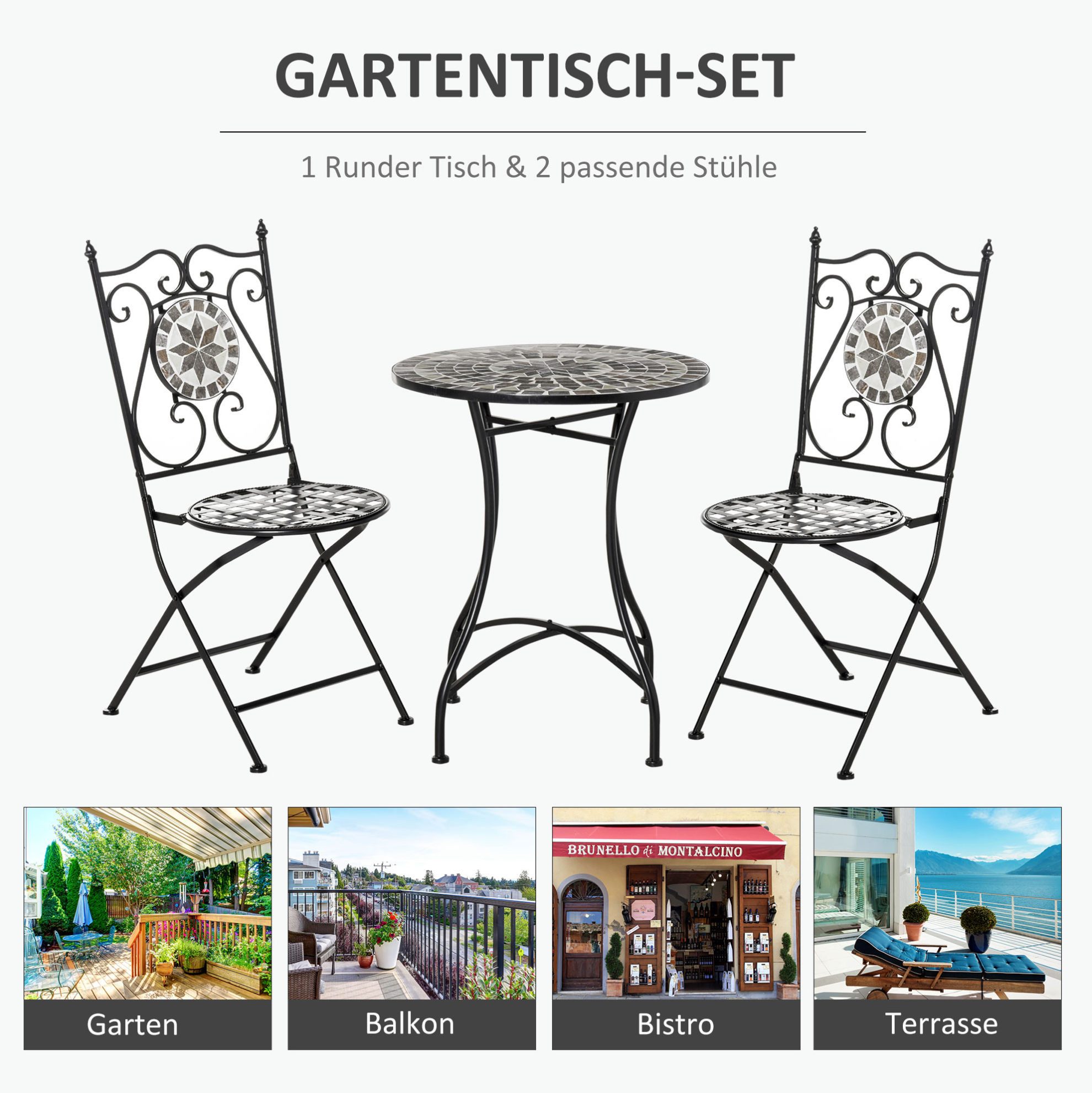 OKWISH Sitzgruppe 2‑tlg. Garten-Sitzgruppe mit Mosaiktisch & klappbaren Metallstühlen, (Set, 3-tlg., Ø60x71 cm platzsparend klappbar für Alltag & gesellige Runden), Keramikfliesen, mehrfarbig, für Terrasse, kleinen Garten & Loggia