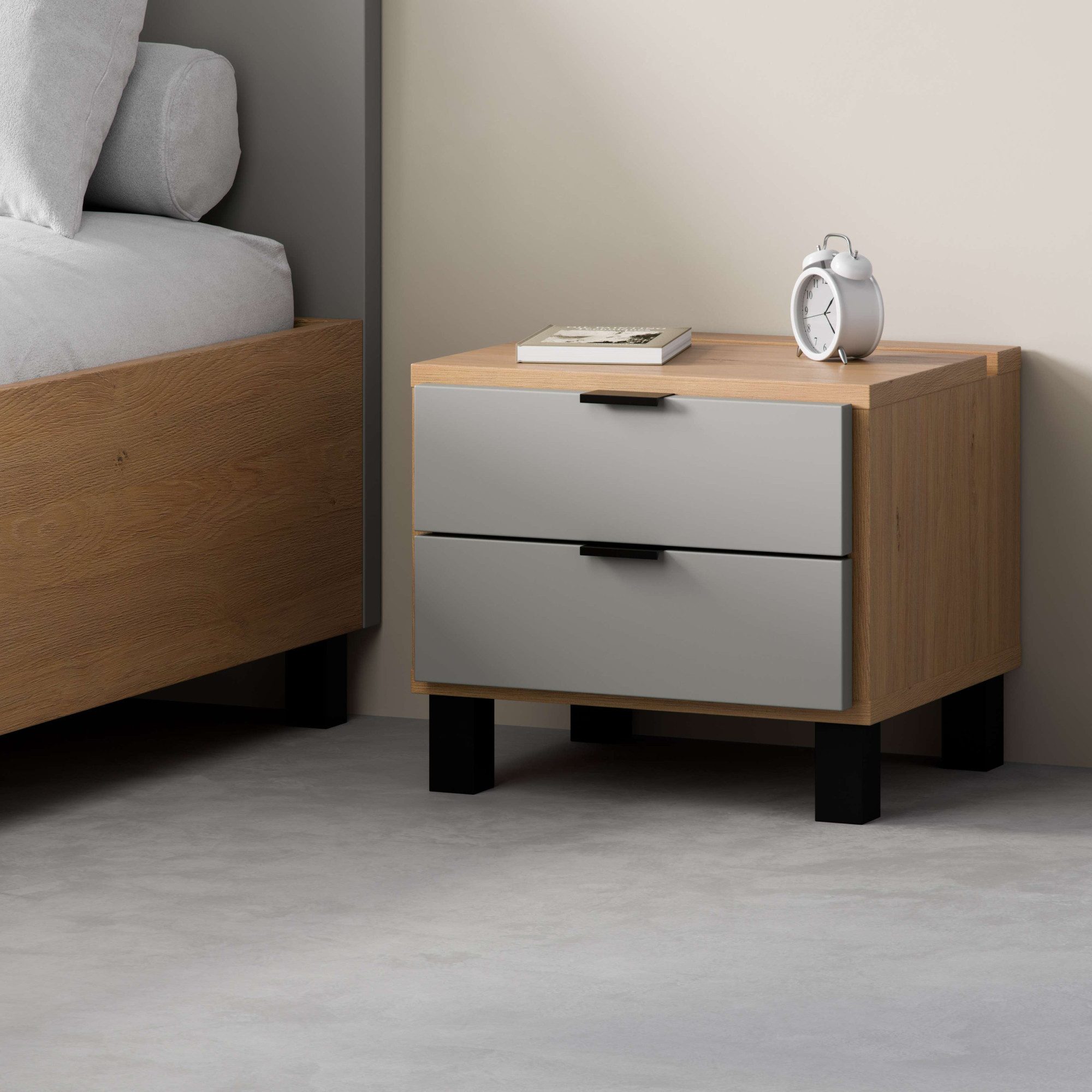 Vox Nachttisch SIMPLE, obere Schublade mit Beleuchtung, 2 Schubladen, Metallgriffe (B/T/H: 45/38/39 cm), Tischplatte mit praktischer Aussparung z.B. für Smartphones
