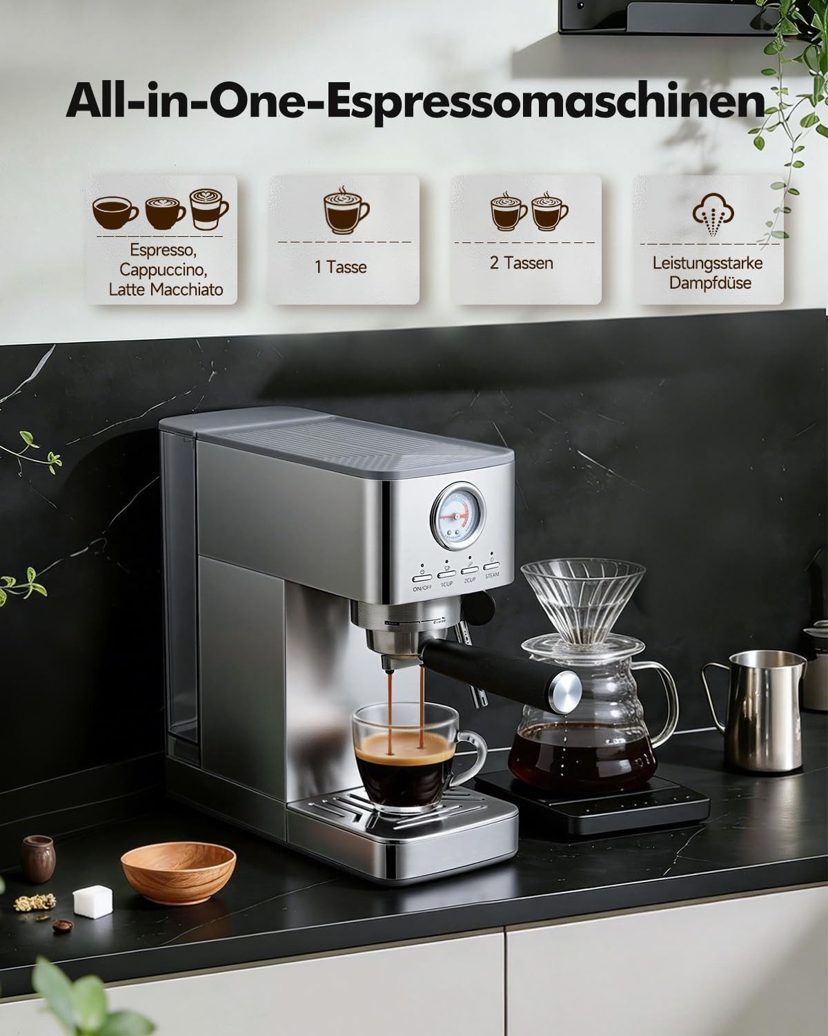 GarveeMore Siebträgermaschine GM5432d-GS, 1.4l Kaffeekanne, Espressomaschine 15Bar,Sichtbares Manometer,Kaffeemaschine Espresso