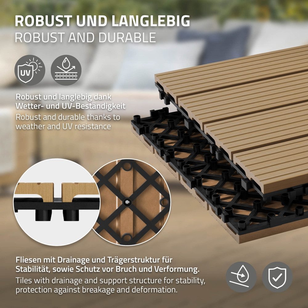 ECD Germany Terrassendielen WPC Bodenplatte Terrassenfliesen Fliesen mit Drainage und Klicksystem, BxL: je 30x30 cm, 22 mm Stärke, Bodenbelag 1m²/11 Stück Teak rutschfest Balkonfliesen