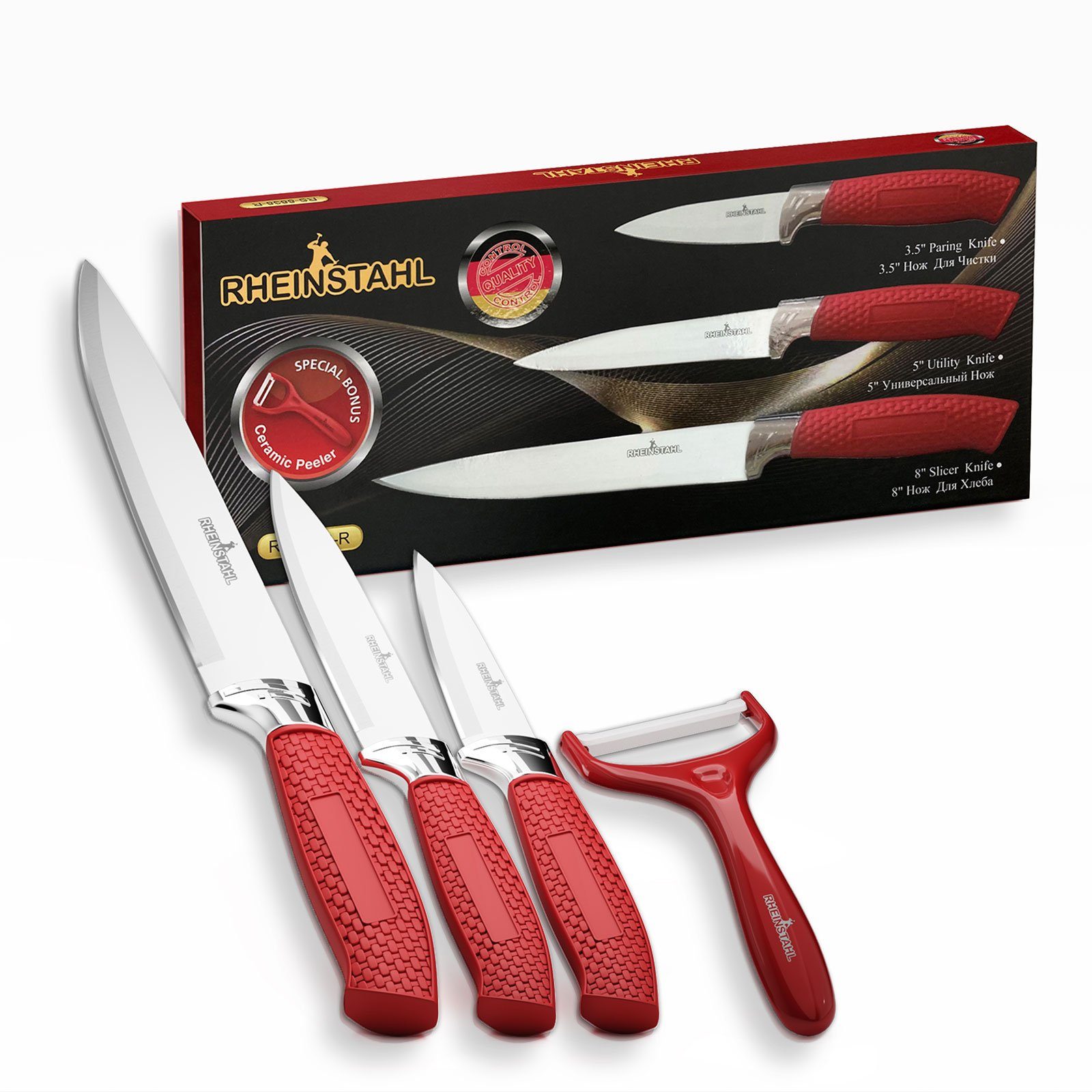 Messerblock Kochmesser Küchenmesser (4-tlg), Messer-Set 4 Profi Küchenmesser SelbstschärfenMesser teilig Rot Set hochwertiges Messerset Set RHEINSTAHL