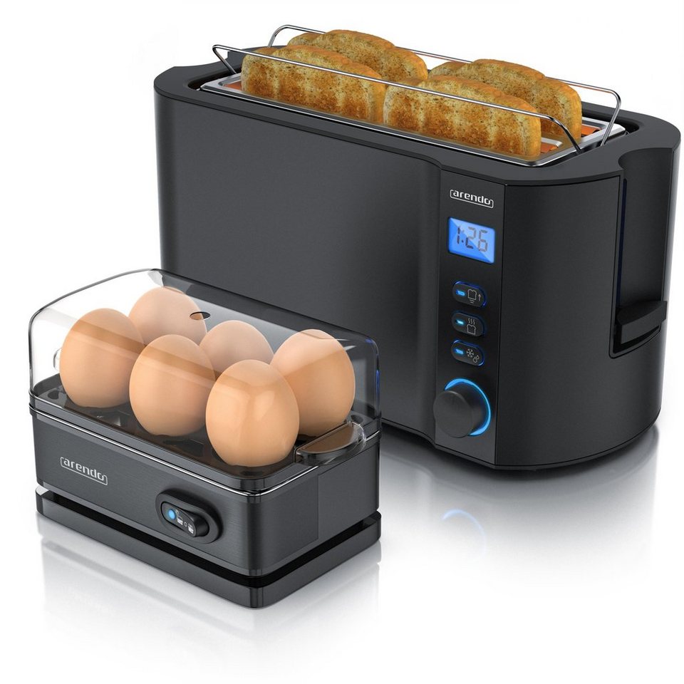 Arendo Frühstücks-Set (2-tlg), 4-Scheiben Langschlitz Toaster, 6er  Eierkocher, Schwarz