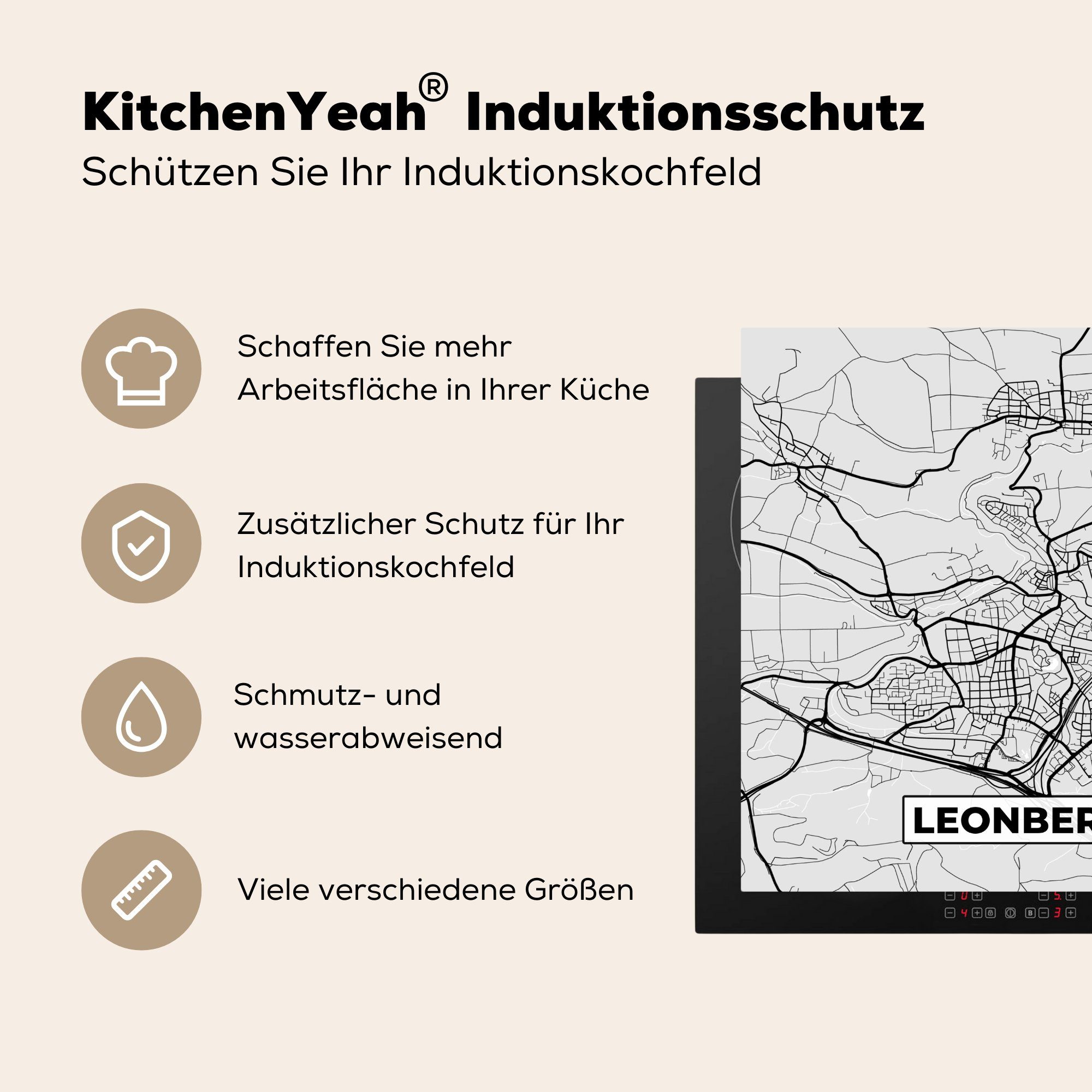 MuchoWow Vinyl, Karte für küche Herdblende-/Abdeckplatte Arbeitsplatte Leonberg, tlg), Stadtplan - (1 - Deutschland - 78x78 cm, Ceranfeldabdeckung,