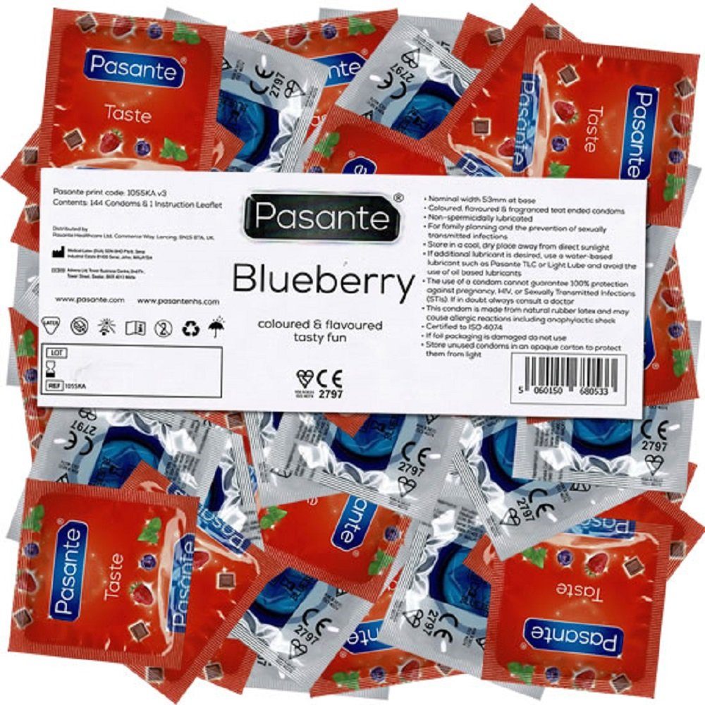 Pasante Kondome Pasante Vorratspackung, fruchtige Kondome mit Aroma Sorte: Blueberry, 144 St., Kondome mit Blaubeer Geschmack, Kondome für Oralverkehr