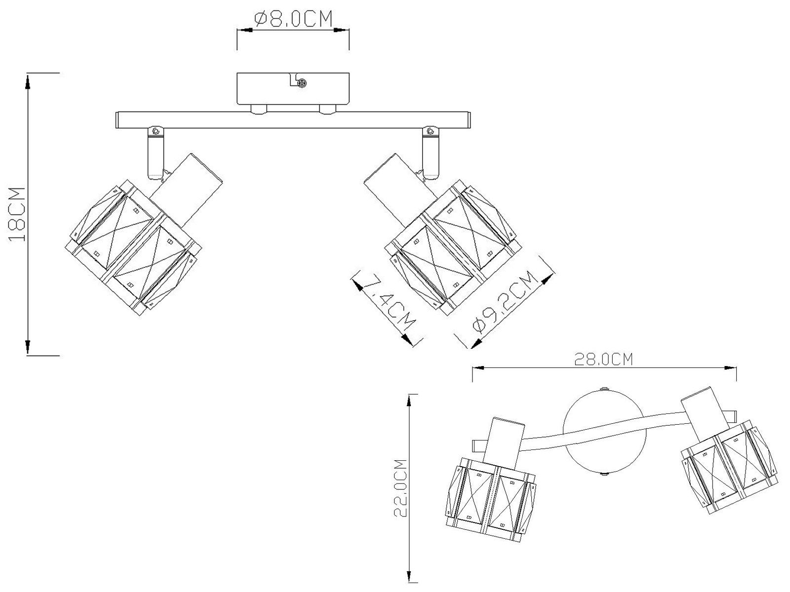 GLOBO LIGHTING LED Deckenstrahler, Dimmfunktion, LED wechselbar, warmweiß, 2-flammige mit Kristall Lampenschirm für Treppenhaus Decke, B: 28cm