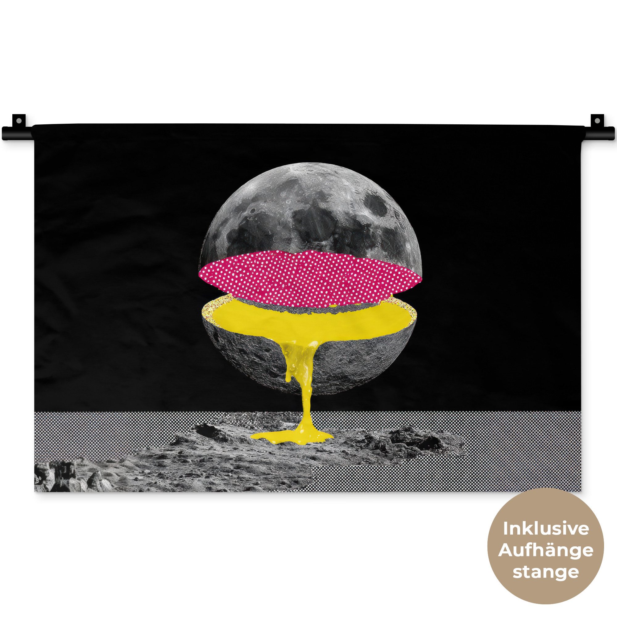 MuchoWow Wandteppich Mond - Gelb - Rosa - Schwarz, Rechteckig, Höhe: 3 mm, Wandteppich für Wohnzimmer, Schlafzimmer, 60x40 cm
