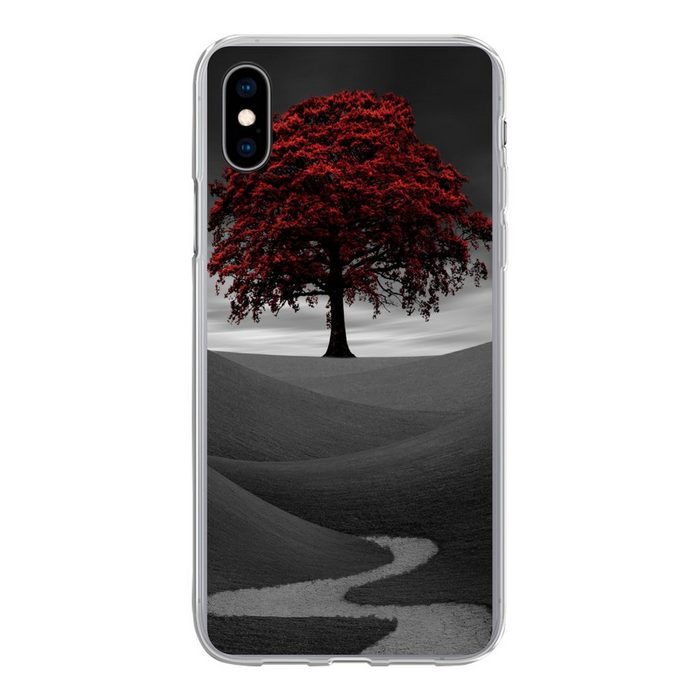 MuchoWow Handyhülle Schwarz-Weiß-Foto mit einem roten Baum Handyhülle Apple iPhone Xs Smartphone-Bumper Print Handy