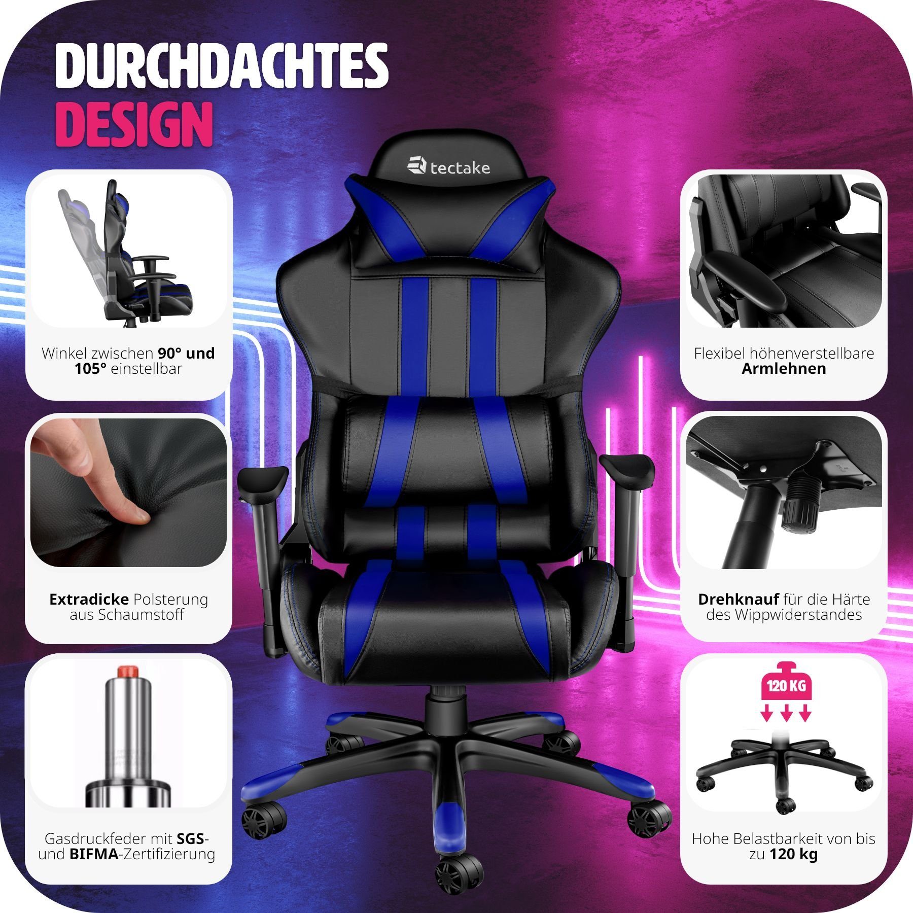 Gaming-Stuhl (1er, mit Bürostuhl Rückenlehne schwarz/blau Premium verstellbar tectake Streifen 105° St), Racing 1 bis