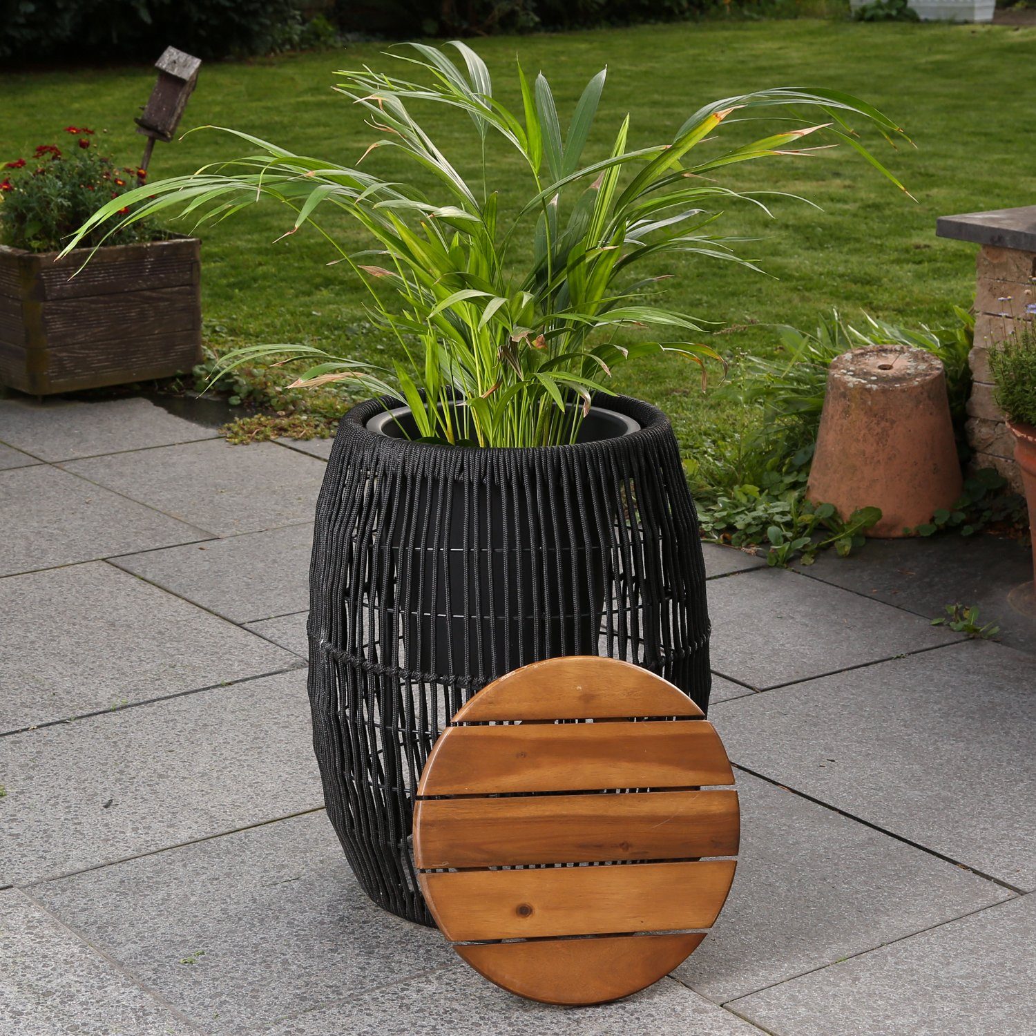 MARELIDA Gartentisch Beistelltisch fassförmig mit (1-St) Gartenmöbel Deckel schwarz Behälter 49cm