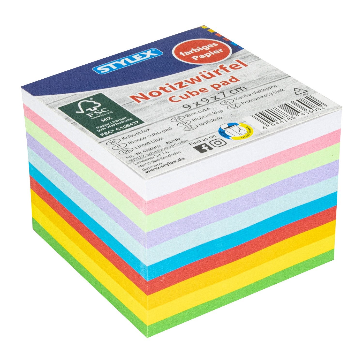 Stylex Schreibwaren Notizzettel Notizwürfel / 90 X 90 X 70 mm / mit 700 Blatt farbige Notizzettel