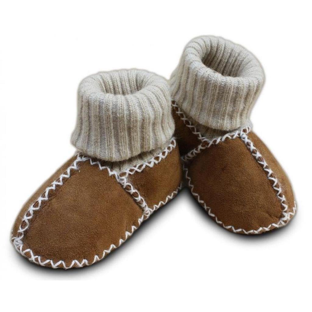 Heitmann Felle Heitmann Babylammfellpuschen mit Strickbündchen camel Krabbelschuh