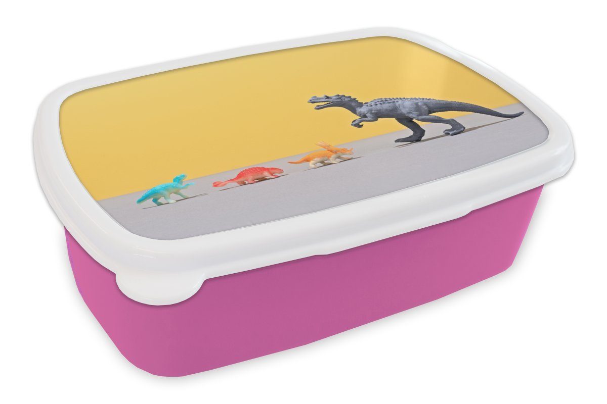 MuchoWow Lunchbox Dinosaurier-Spielzeug - Regenbogen - Gelb, Kunststoff, (2-tlg), Brotbox für Erwachsene, Brotdose Kinder, Snackbox, Mädchen, Kunststoff rosa