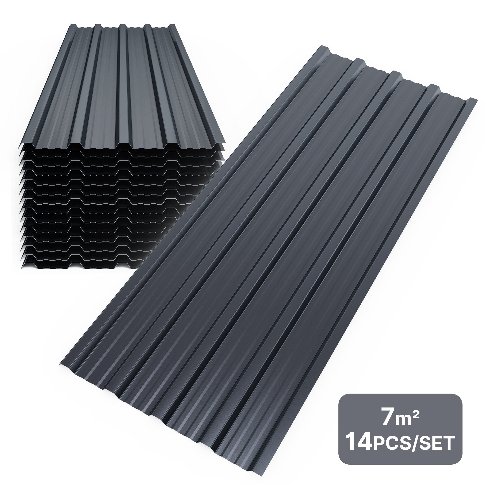 Mondeer Wellplatte Dachplatten(14-tlg), 0,25 mm, 7 m², (Metall Trapezblech, 14-St), Wellblechplatten für Dach, 7m², 110*46cm, Dunkelgrau
