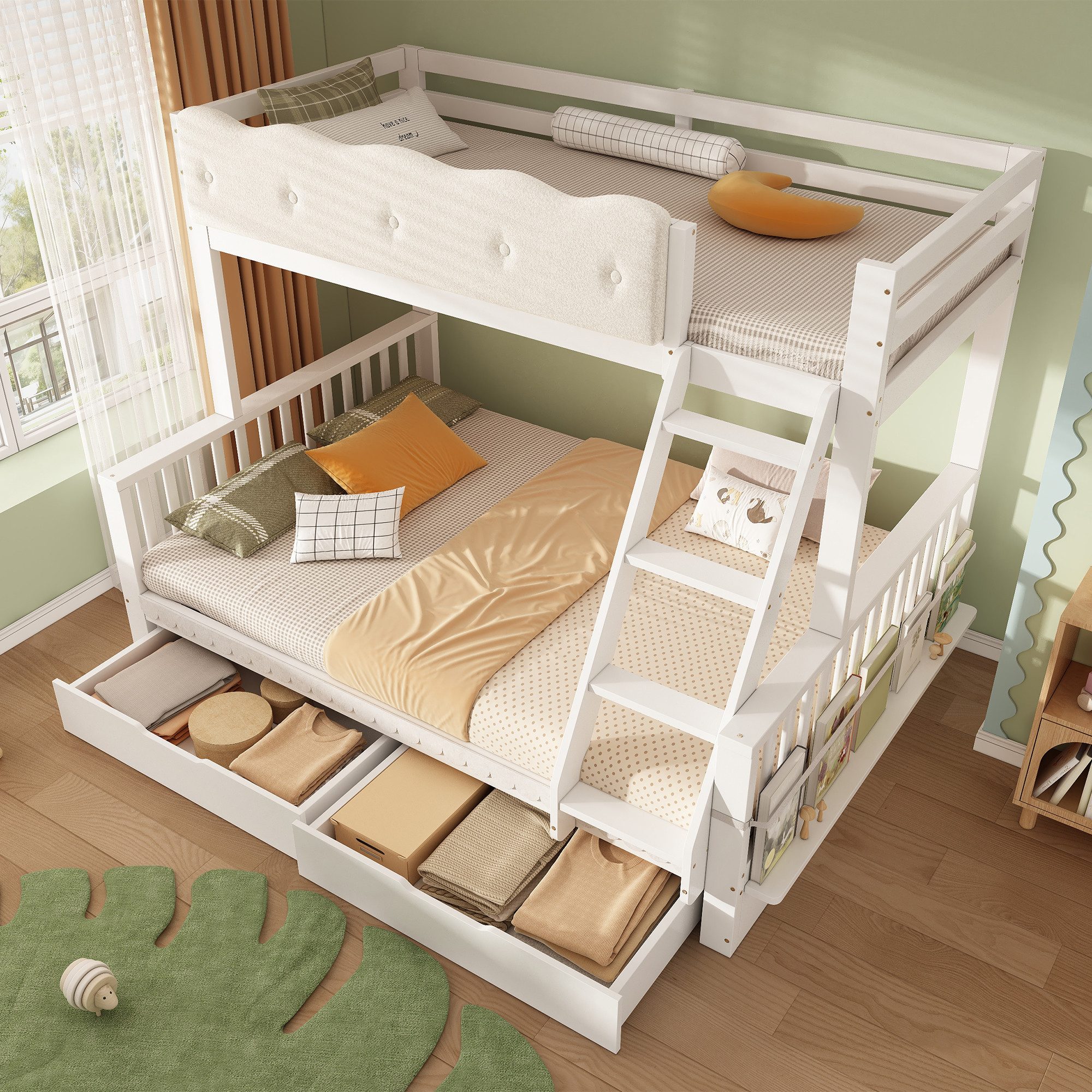 Flieks Etagenbett Kinderbett 90x200+140x200cm, mit Wolken-Geländer, Schubladen und Zeitschriftenständer – Bild 3 von 5