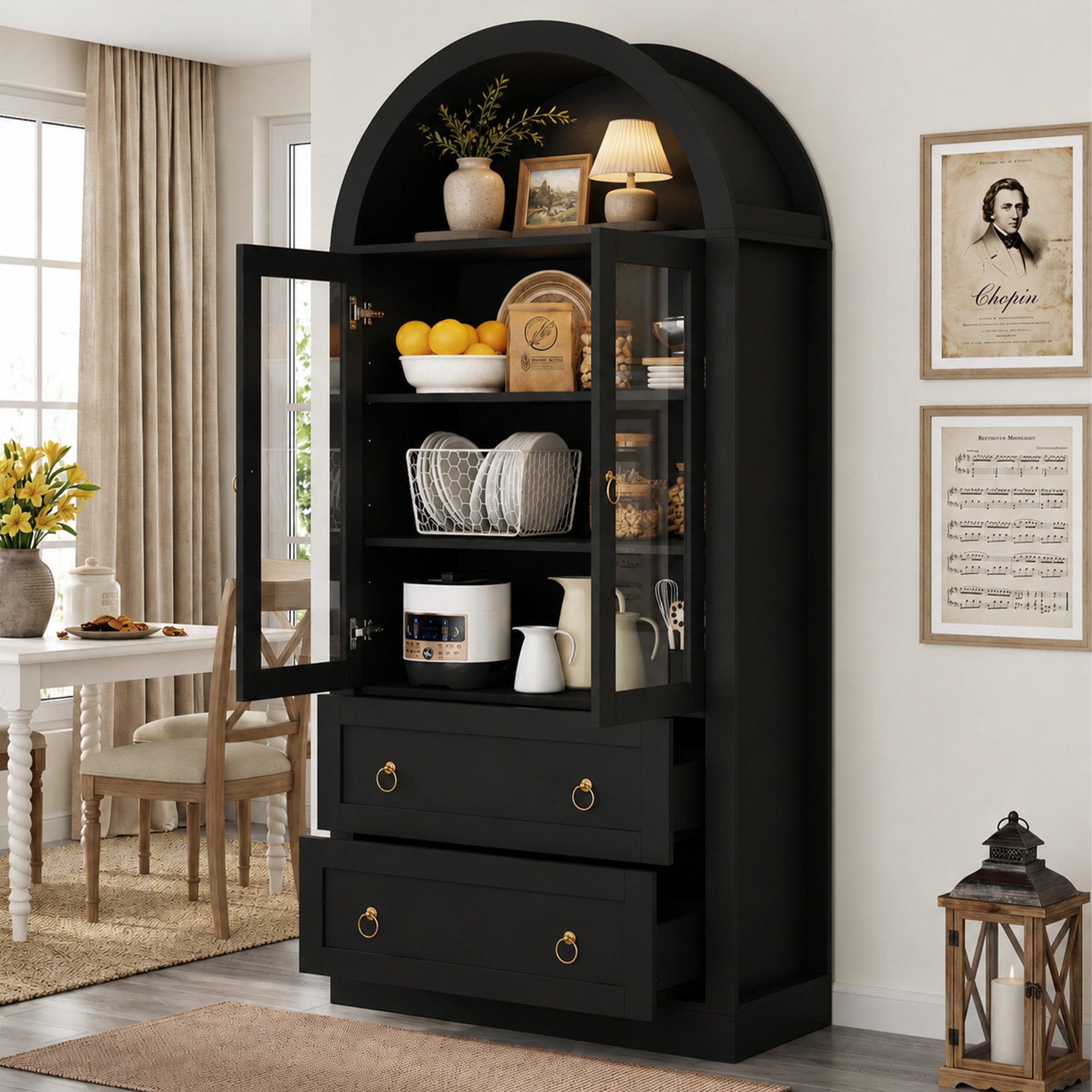 Flieks Hochschrank Bogen-Glasvitrine mit Schubladen, Doppeltüren und Retro-Metallgriffen (mit verstellbarer Einlegeböden, 1-St., 80x36x170 cm) Mehrzweckschrank Küchenbuffet Wohnzimmerschrank Schwarz