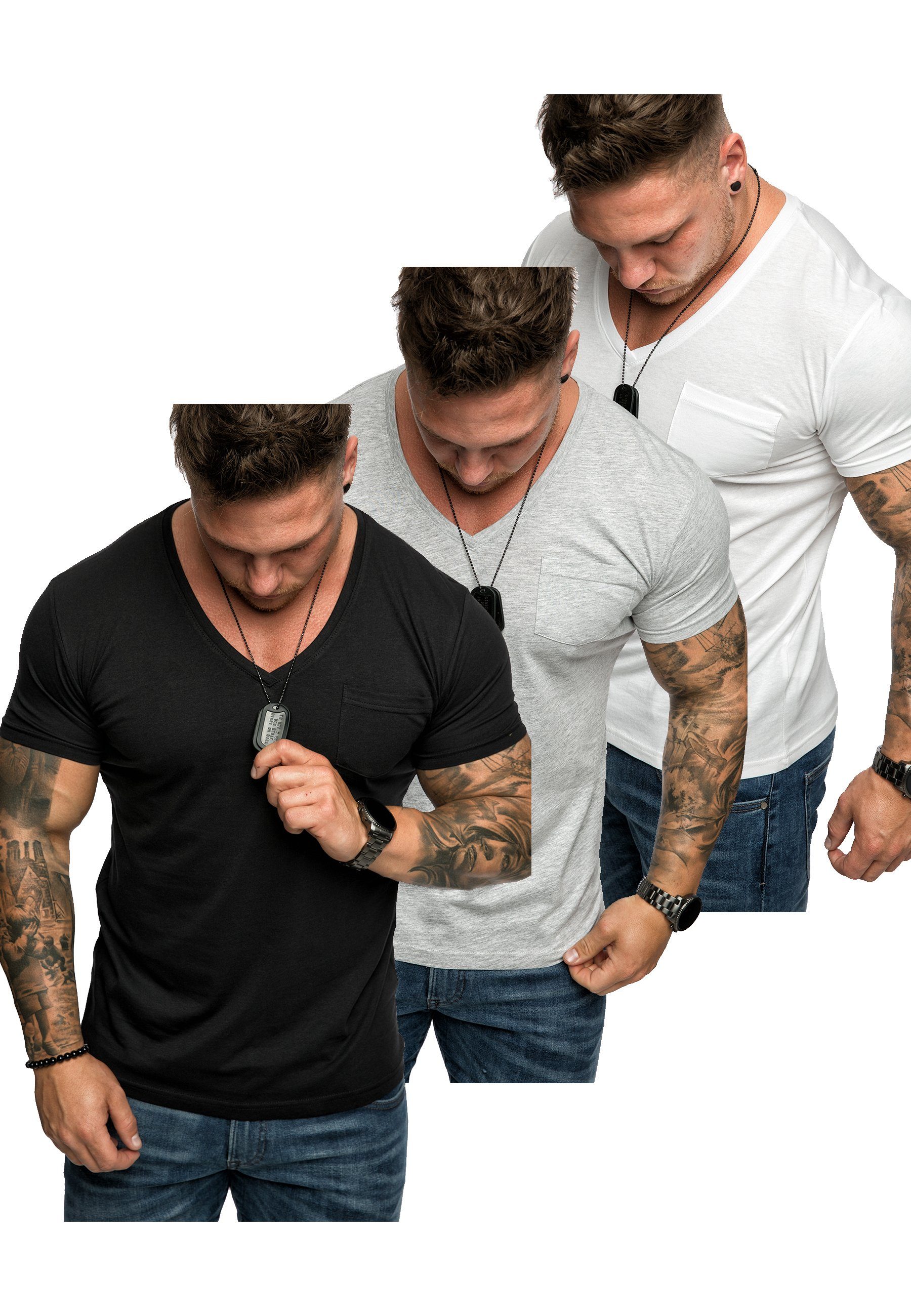 Amaci&Sons T-Shirt 3. (Grau mit Herren Oversize Schwarz Herren PATERSON Basic T-Shirts (3er-Pack) 3er-Pack V-Ausschnitt Weiß) + T-Shirt 