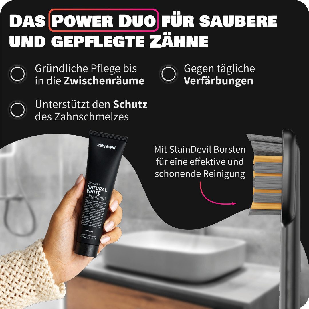 Zahnheld Aufsteckbürsten Natural White Zahncreme mit Bürstenköpfen Pro X-Clean - Zahnpflege Set, Minzgeschmack, 3 Pro X-Clean, 75ml Tube, Zahnpflege mit Torfextrakt, Bambus-Aktivkohle, Kieselsäure & Cellulose