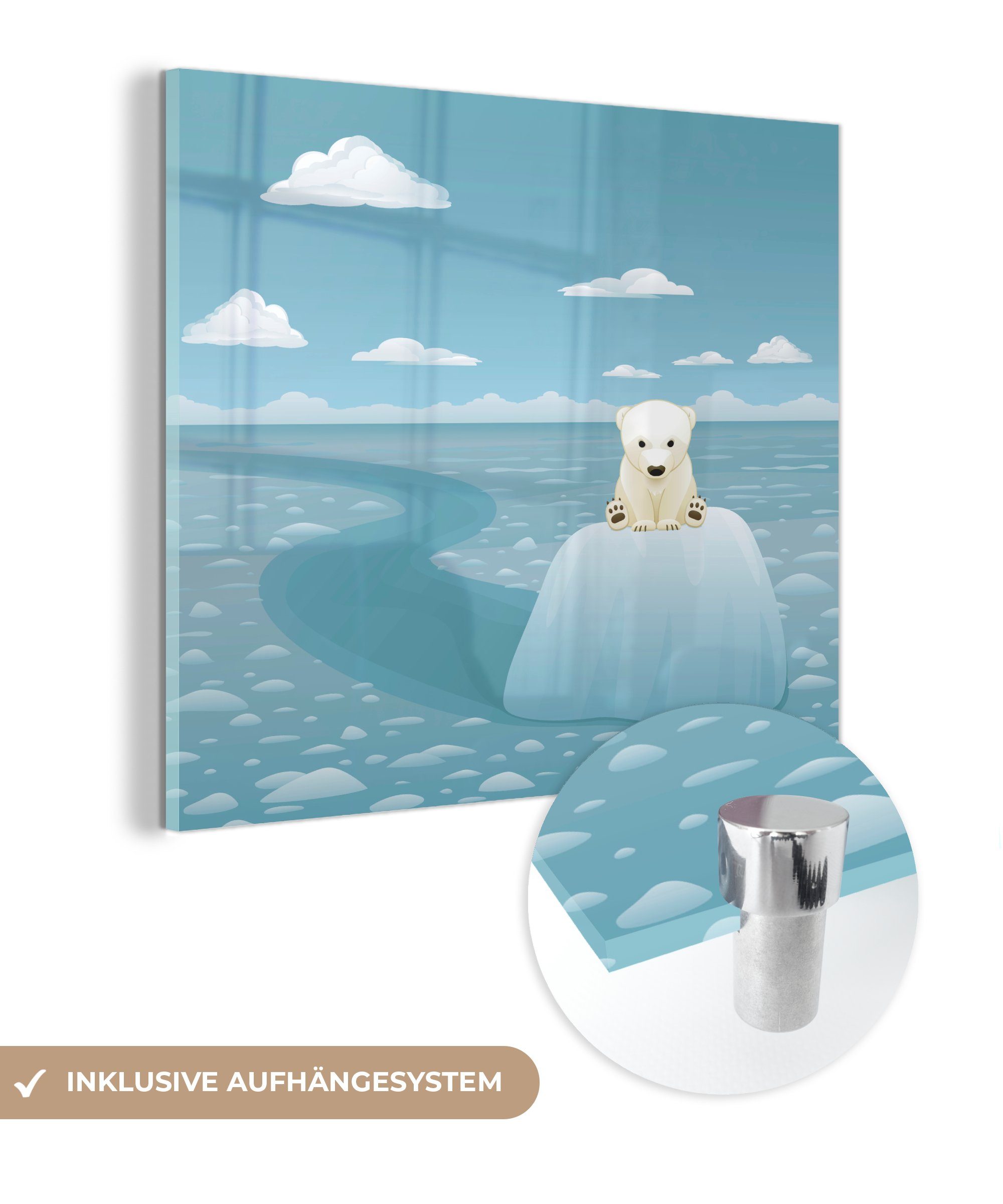 MuchoWow Acrylglasbild Illustration eines jungen Eisbären auf einem Eisblock, (1 St), Glasbilder - Bilder auf Glas Wandbild - Foto auf Glas - Wanddekoration