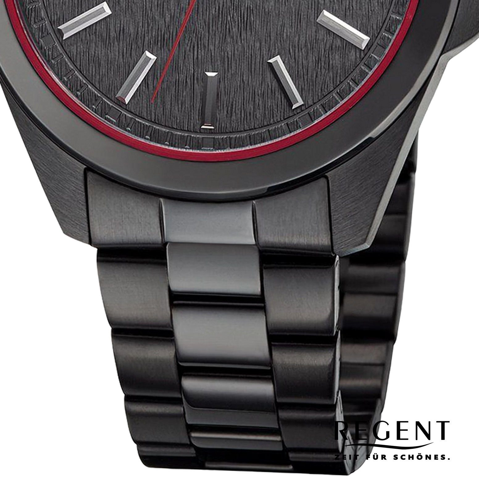 Armbanduhr Armbanduhr Metallarmband Regent 41mm), extra rund, (ca. Herren Quarzuhr Regent Herren rot groß Analog,