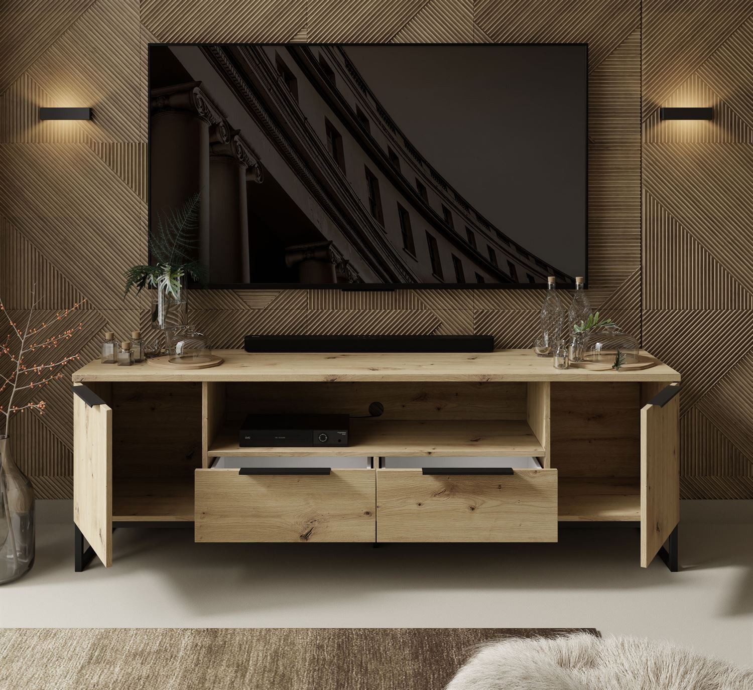 ALLHOUSE24 Lowboard ADLON 180 TV Schrank Artisan Eiche Metallgestell schwarz BERLIN (1x TV Schrank), Breite 178 cm