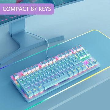 ZIYOU LANG Blaues Wired Gaming TKL 80% QWERTY Layout Tastatur- und Maus-Set, Kompakt 87 Tasten, Klickbarer Blauer Schalter, Regenbogen-LED-Backlit