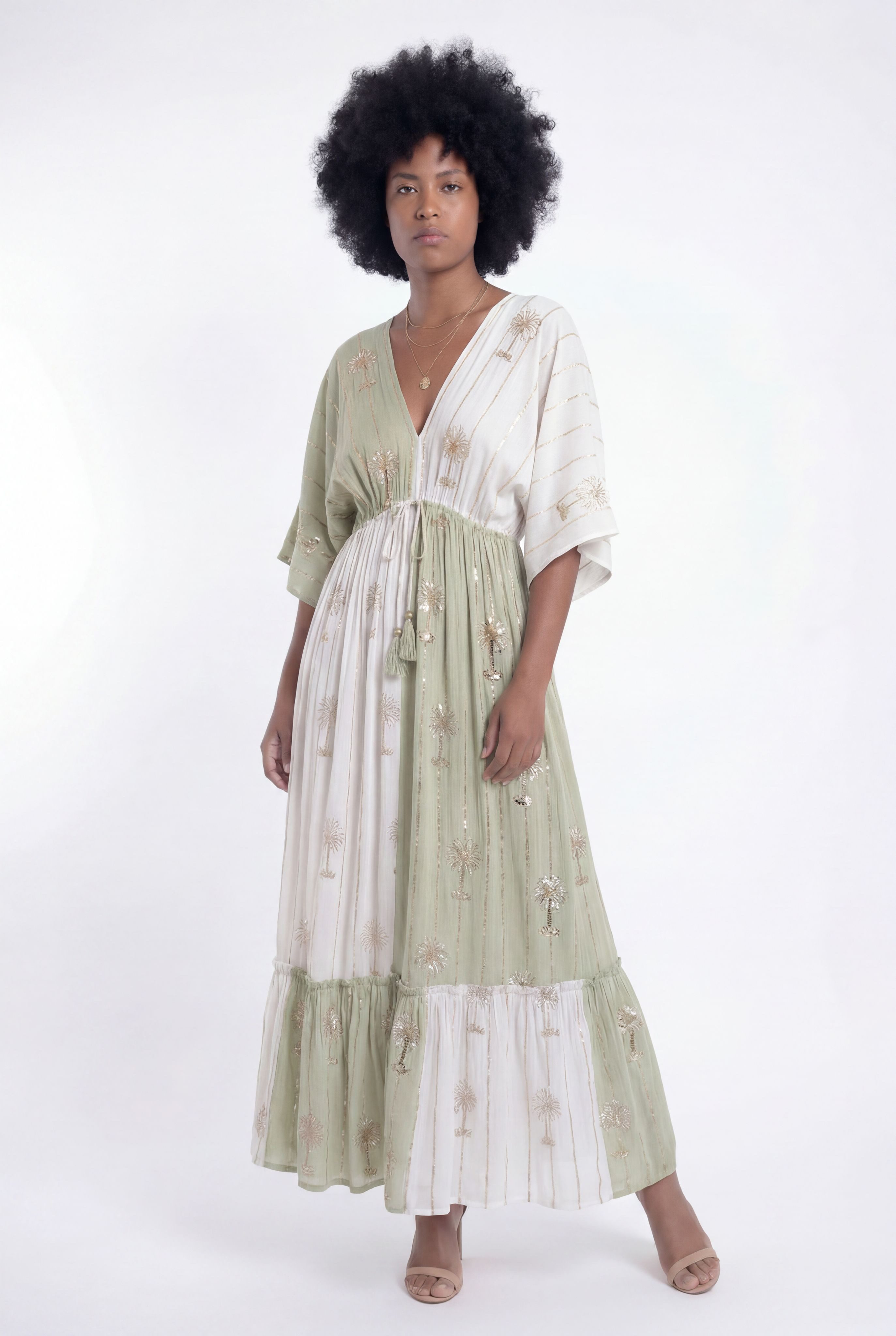 YC Fashion & Style Maxikleid V-Ausschnitt Kleid Blau-Creme – One Size 34–40 aus Viskose