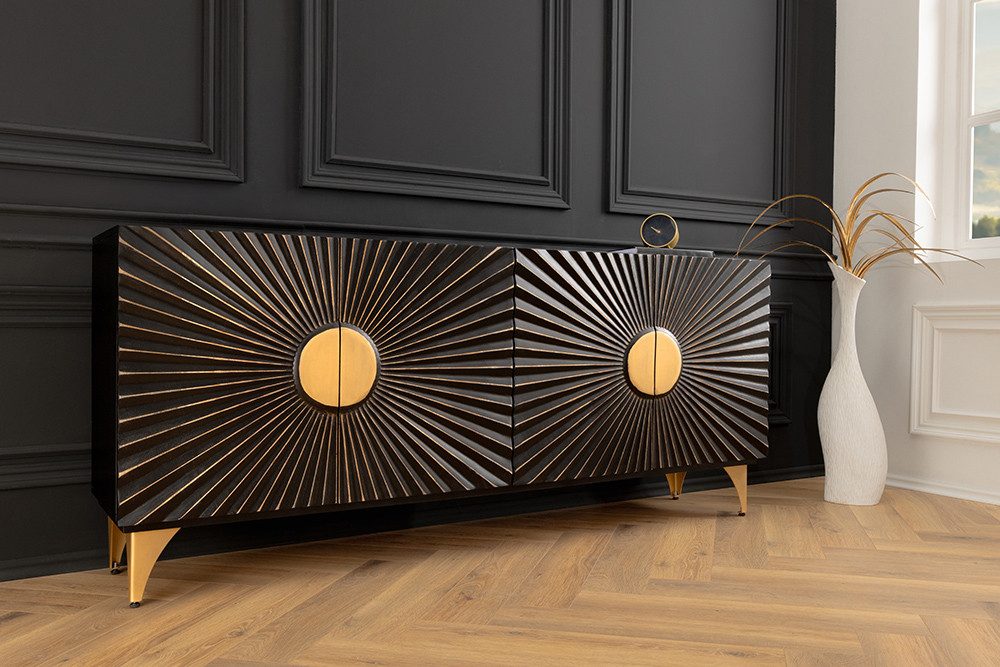 riess-ambiente Sideboard SOLARIS 180cm schwarz / gold (Einzelartikel, 1 St), Massivholz · Metall · Kommode · 3D Schnitzereien · Wohnzimmer · Design