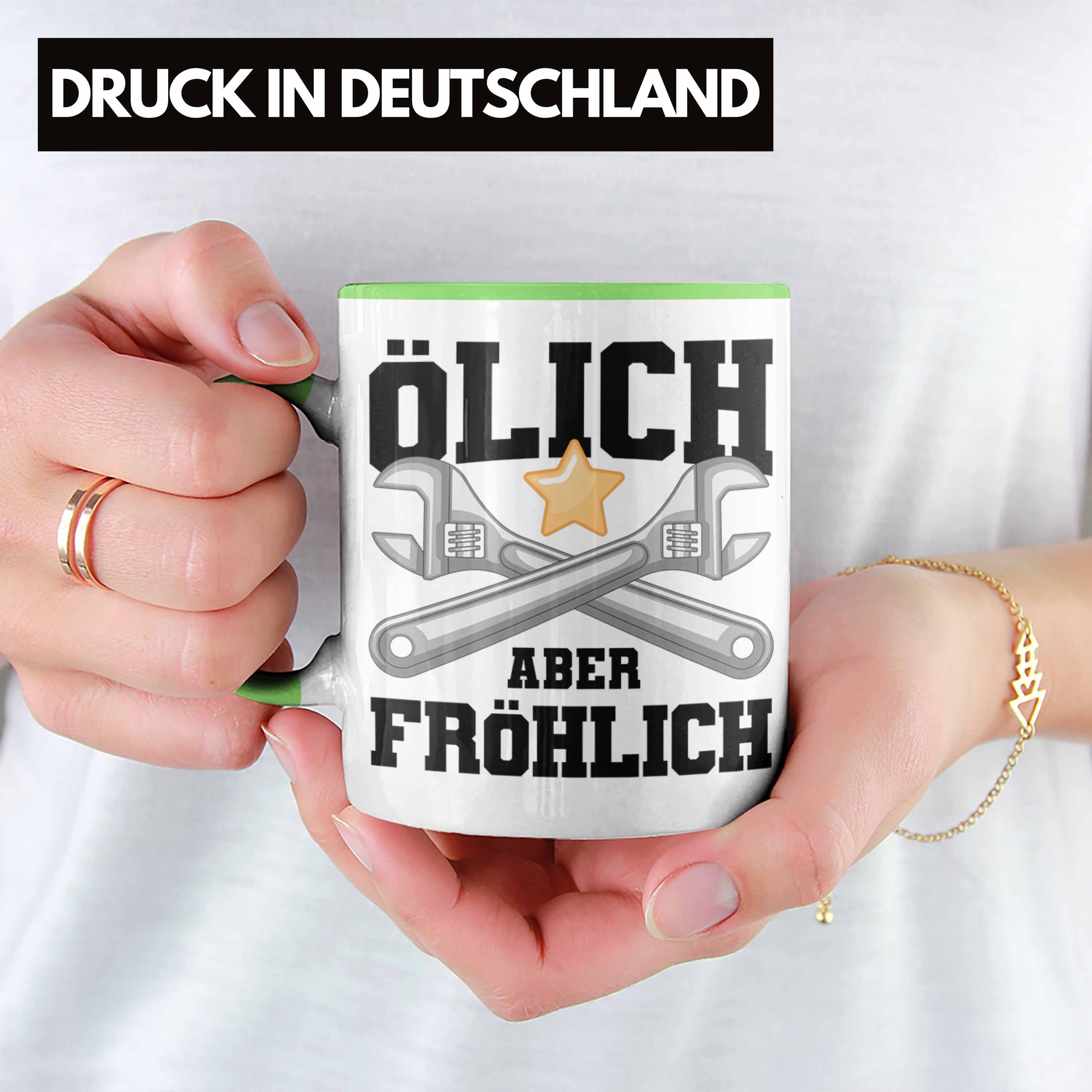 Trendation Werkstatt Ölich Männer Aber KFZ Fröhlich Geschenkidee Geschenk Geburtstag Spruch Grün Tasse Mechaniker Trendation - Tasse