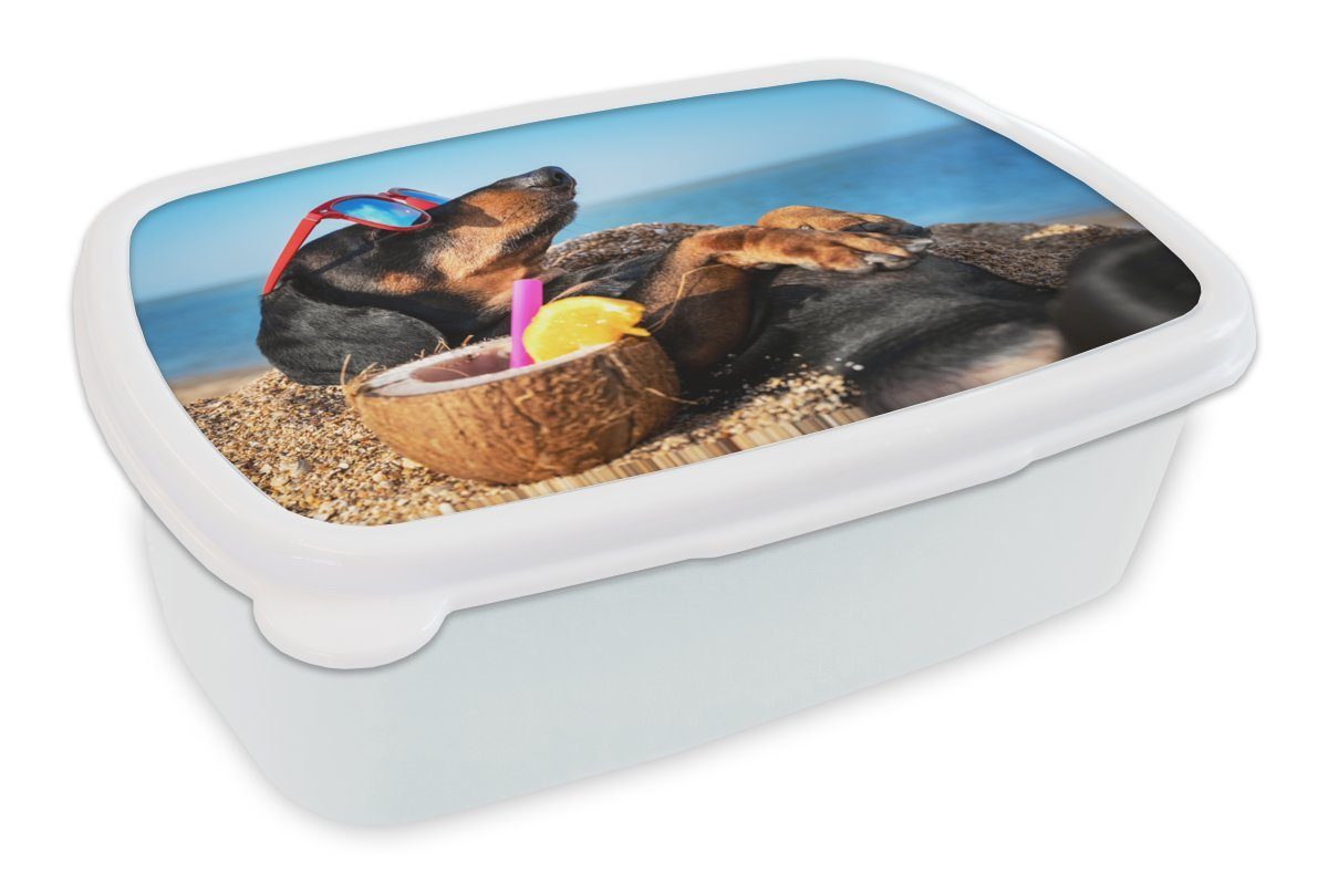 MuchoWow Lunchbox Sonnenbrille Mädchen Strand Sommer, Hund - und (2-tlg), weiß und für Brotbox Kunststoff, Erwachsene, - - Kinder Jungs Brotdose, für