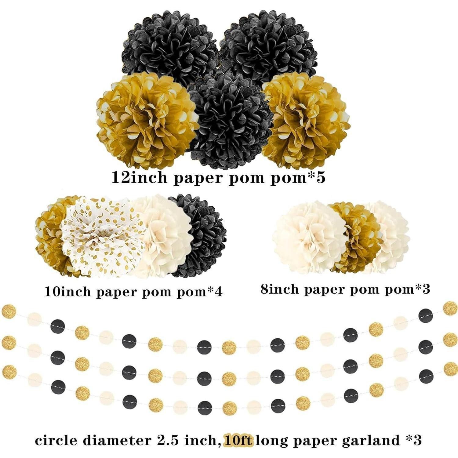 LuxusKollektion Pompon Pompons 15 Stück Seidenpapier Weiß Dots Girlande Hochzeit Schwarz Gold