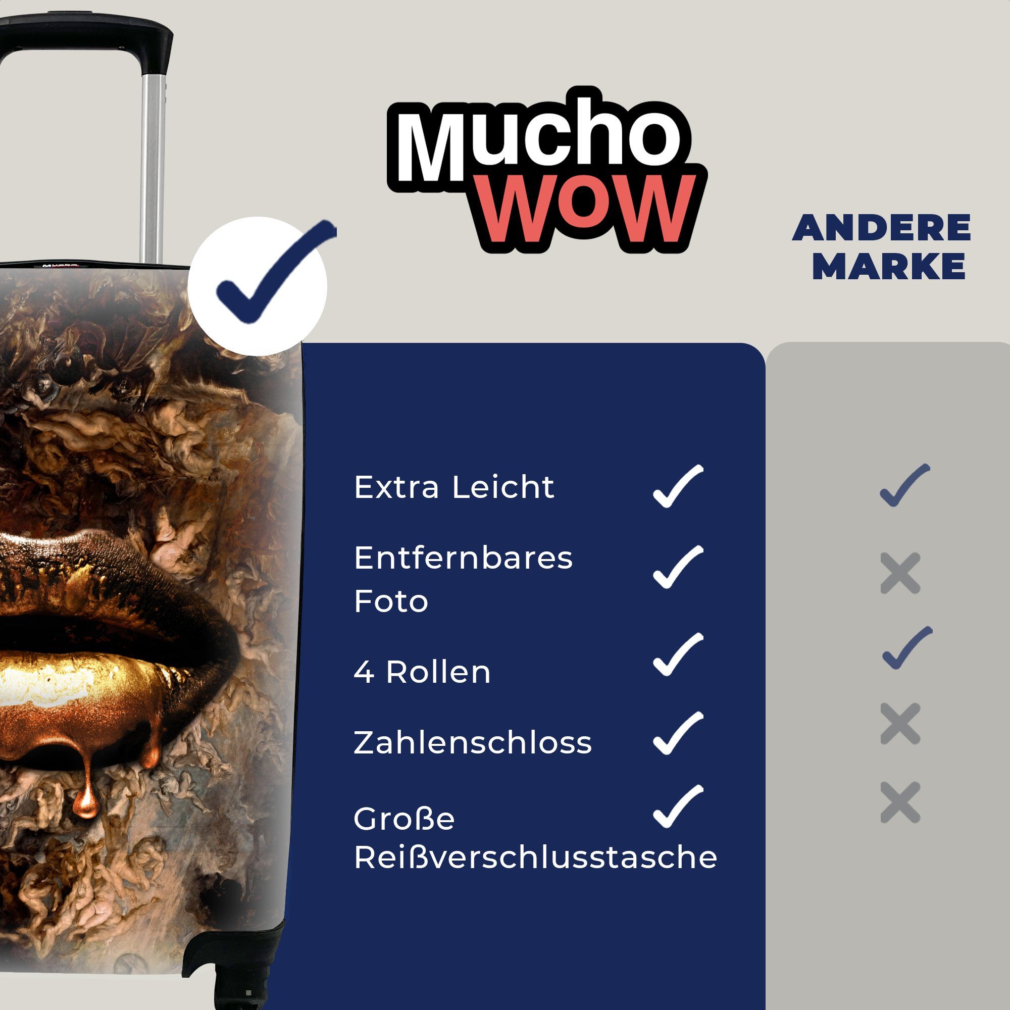 MuchoWow Rollen, rollen, Trolley, für Handgepäck Ferien, mit Lippen - Handgepäckkoffer Gold Luxus, - Reisetasche 4 Reisekoffer