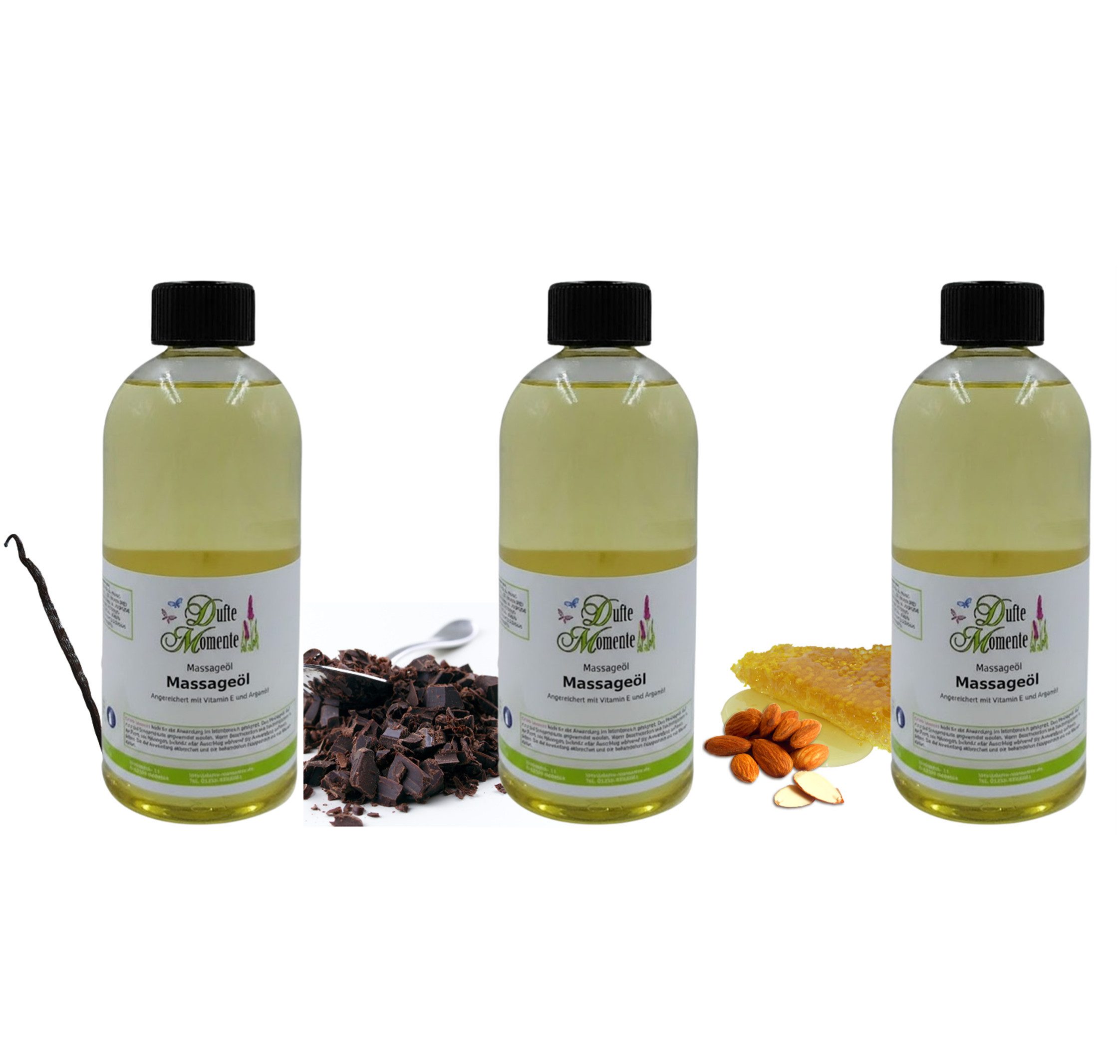 Dufte Momente Massageöl Honig-Mandel, Schokolade & Vanille 250ml - 3L Set, 3-tlg., hochwertige Pflanzenöle als Basis, vegan und ohne Tierversuche