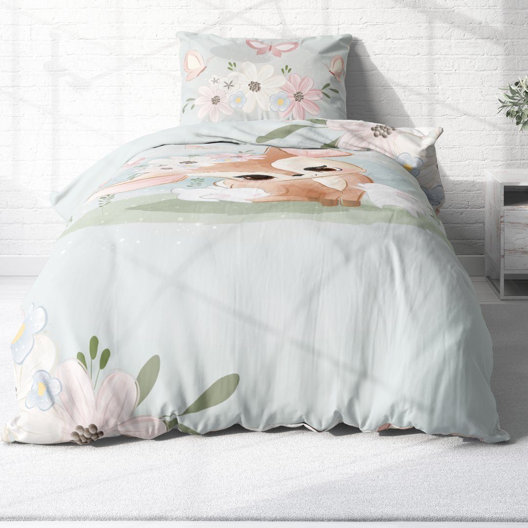 MTOnlinehandel Kinderbettwäsche Blumen Reh, Hase & Schmetterling 135x200 + 80x80 cm, 100 % Baumwolle, Satin, 2 teilig, mit YKK Reißverschluss · sanft, weich für – Bild 4 von 5
