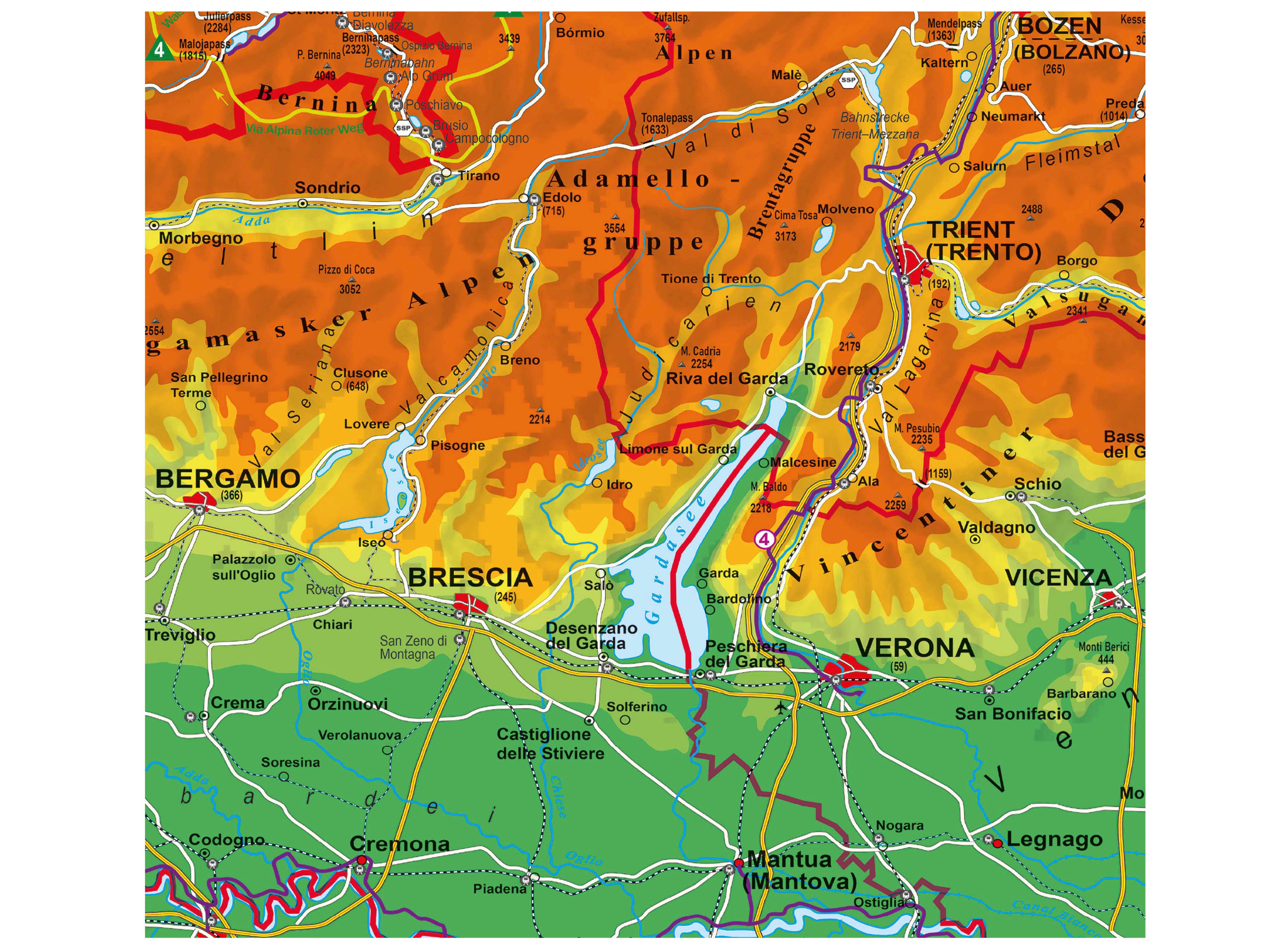 STIEFEL Poster Der Alpenraum mit Weitwander- und Radfernwegen, physisch 98 x 68 cm
