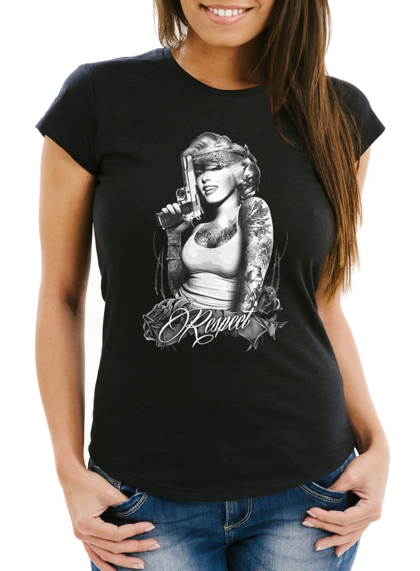 MoonWorks Print-Shirt Damen T-Shirt Marylin Monroe mit Pistole Respect Gangster Waffe Respect Slim Fit Moonworks® mit Print