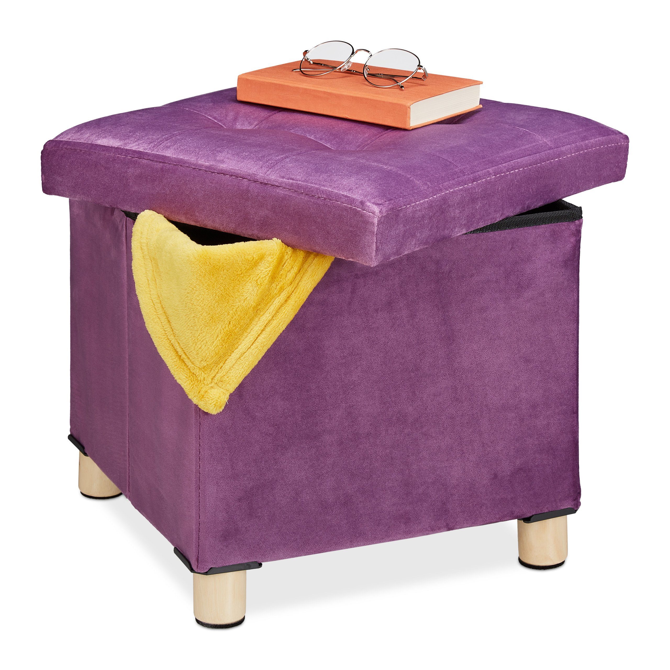 relaxdays Polsterhocker Samthocker mit Tablett, Mauve