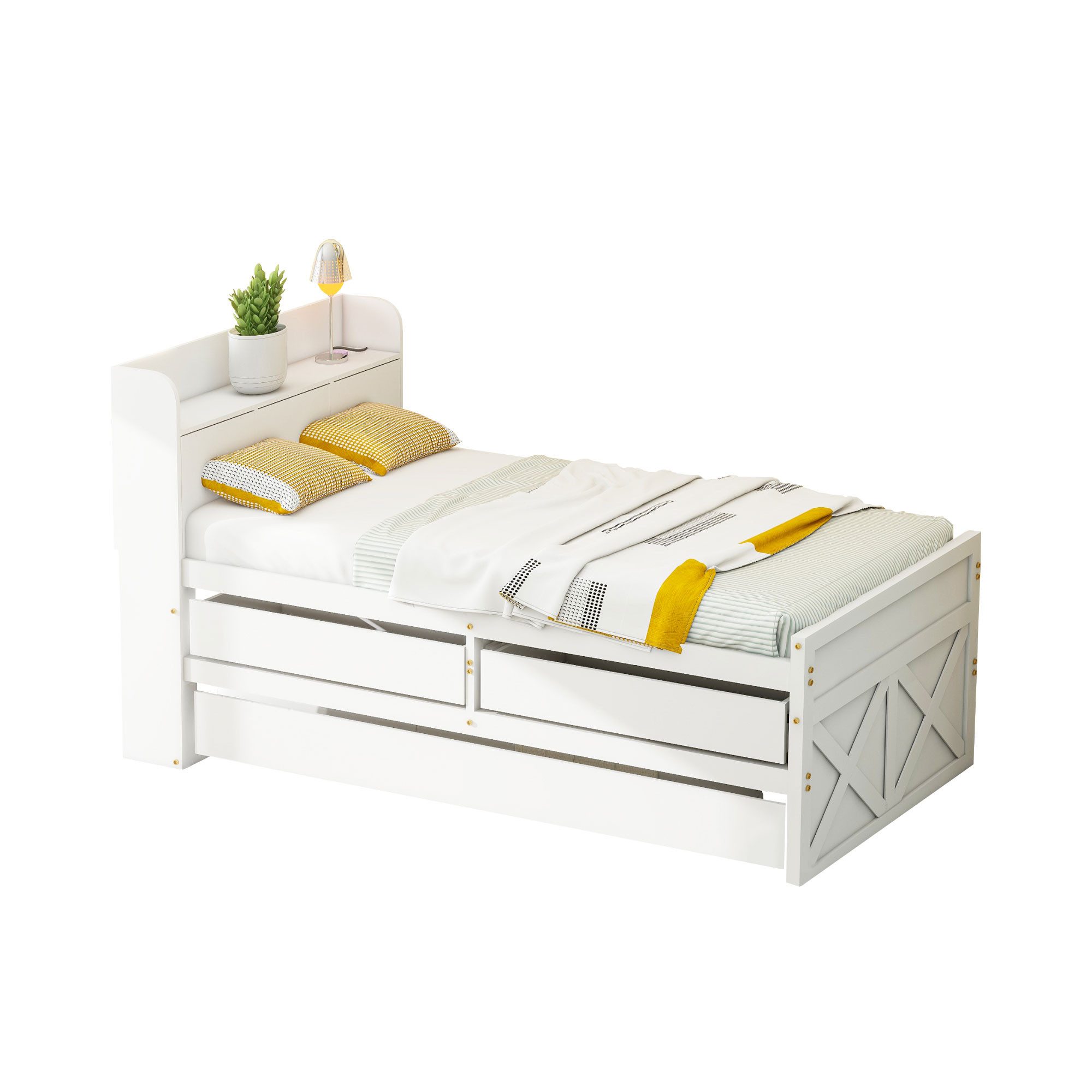 Merax Einzelbett, Massivholzbett Einzelbett 90x190cm mit Ausziehbett und USB