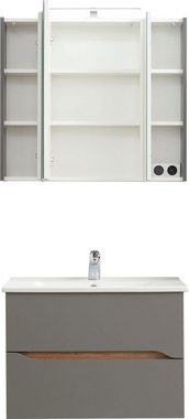 Saphir Badmöbel-Set Quickset 2-teilig, Keramikwaschtisch mit LED-Spiegelschrank, (2-St), 80 cm breit, 2 Schubladen, 3 Spiegeltüren, 6 Einlegeböden