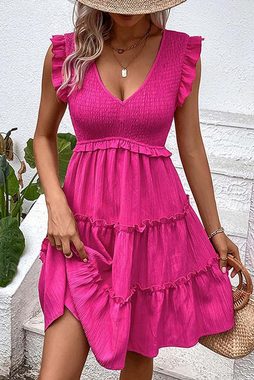 FIDDY A-Linien-Rock Damen einfarbiges süßes Kleid V-Ausschnitt Freizeitkleid ärmelloses