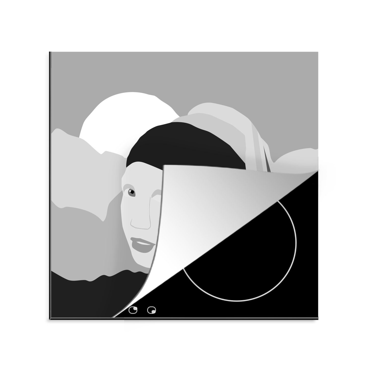 MuchoWow Herdblende-/Abdeckplatte Girl With A Pearl Earring - Schwarz - Weiß - Sonne, Vinyl, (1 tlg), 78x78 cm, Ceranfeldabdeckung, Arbeitsplatte für küche