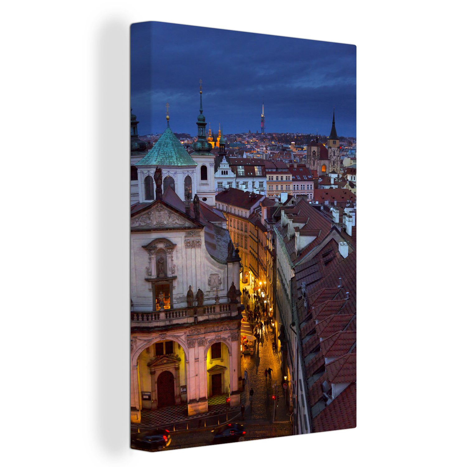 OneMillionCanvasses® Leinwandbild fertig cm inkl. bespannt Prag (1 Gemälde, - St), 20x30 - Nacht Leinwandbild Zackenaufhänger, Licht