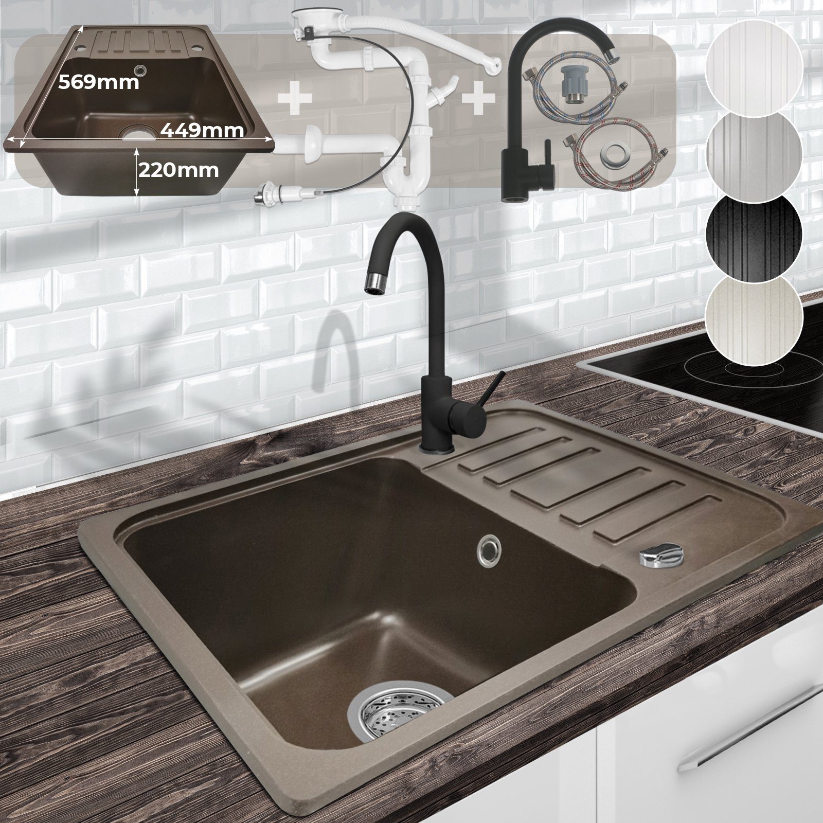 Aquamarin Granitspüle mit Siphon und Armatur günstig online kaufen