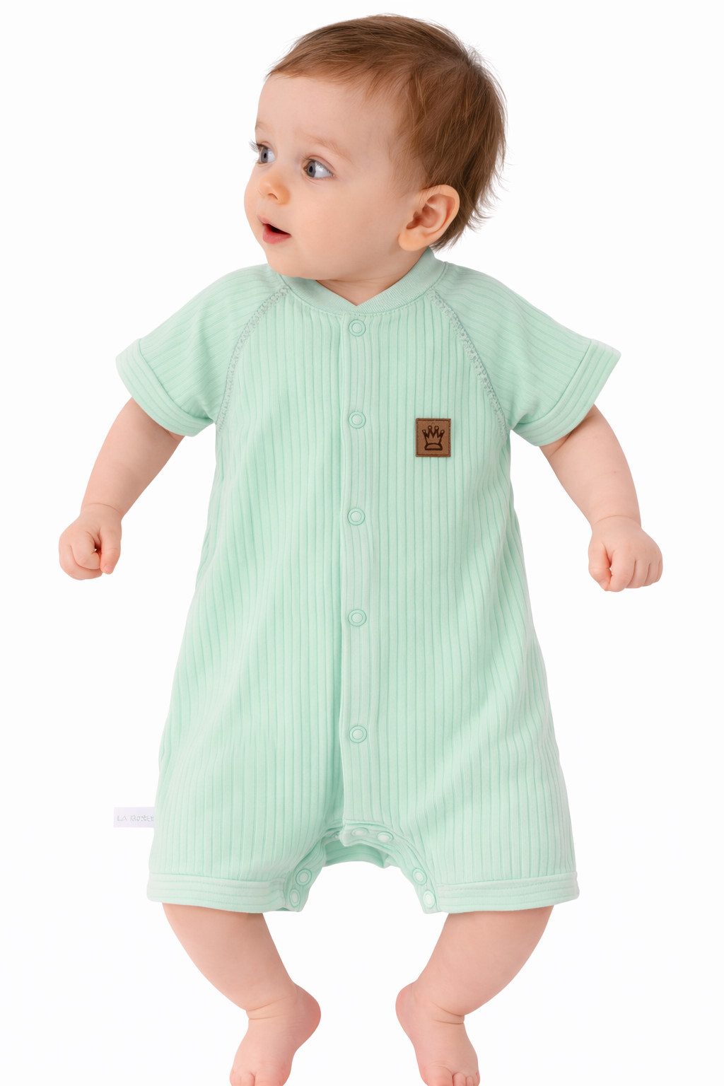 La Bortini Spieler Baby Romper kurer Strampler in Mintgrün mit Krone elastisch, weich, gerippt, 44 50 56 62 68 74 80