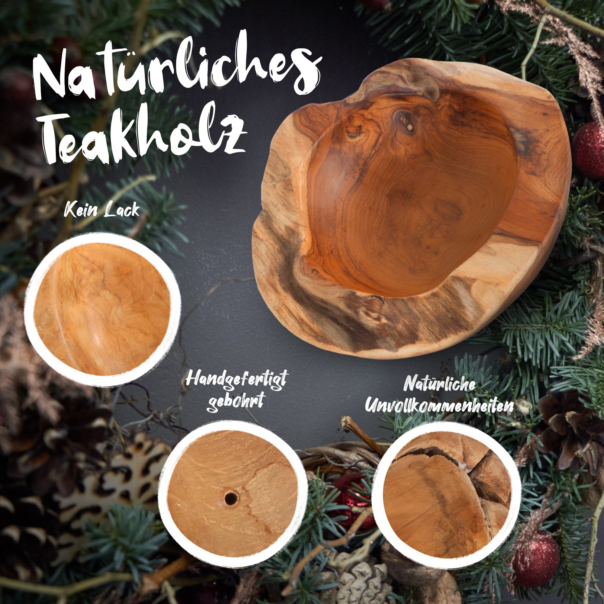 HOMECALL Dekoschale Adventskranz mit 4 Kerzenhaltern, Weihnachtsdeko (ca. Ø 20 cm, Natürlichen und Eleganz), aus nachhaltigem Teakholz