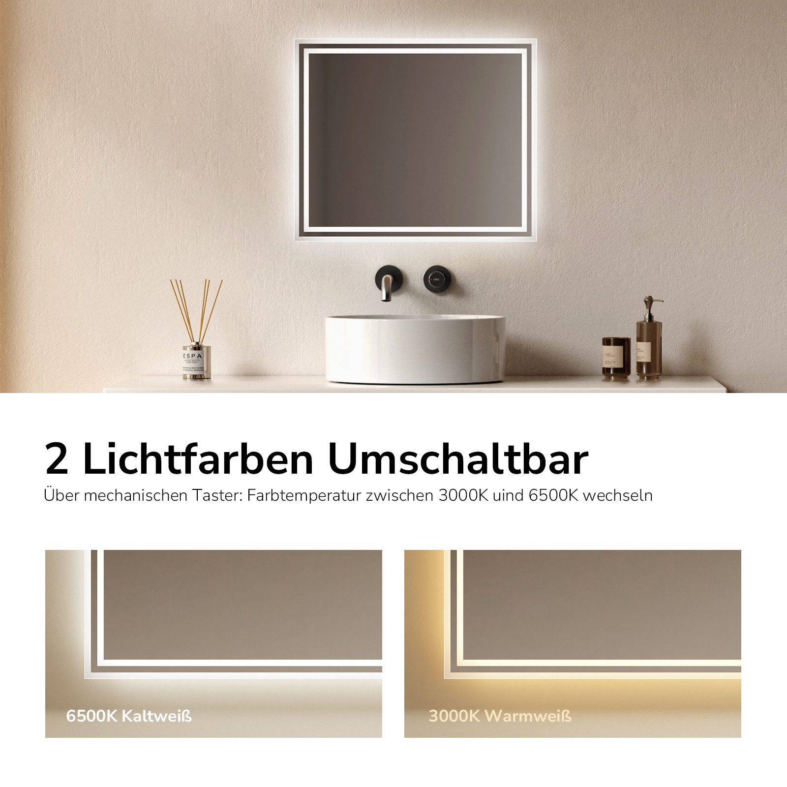 EMKE Badspiegel LED Badezimmerspiegel rechteckig Wandspiegel mit Beleuchtung (Vertikal Horizontal möglich, Beschlagfrei, 2 Lichtfarben), Wandspiegel IP44