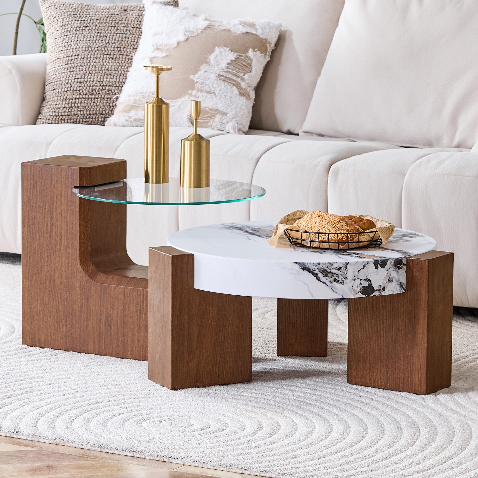 REDOM Couchtisch Beistelltisch-Set 2-teilig trennbar aus MDF (1-St., mit transparentem Glas 0,6 cm), vielseitig nutzbar als Wohnzimmertisch und separate Beistelltische