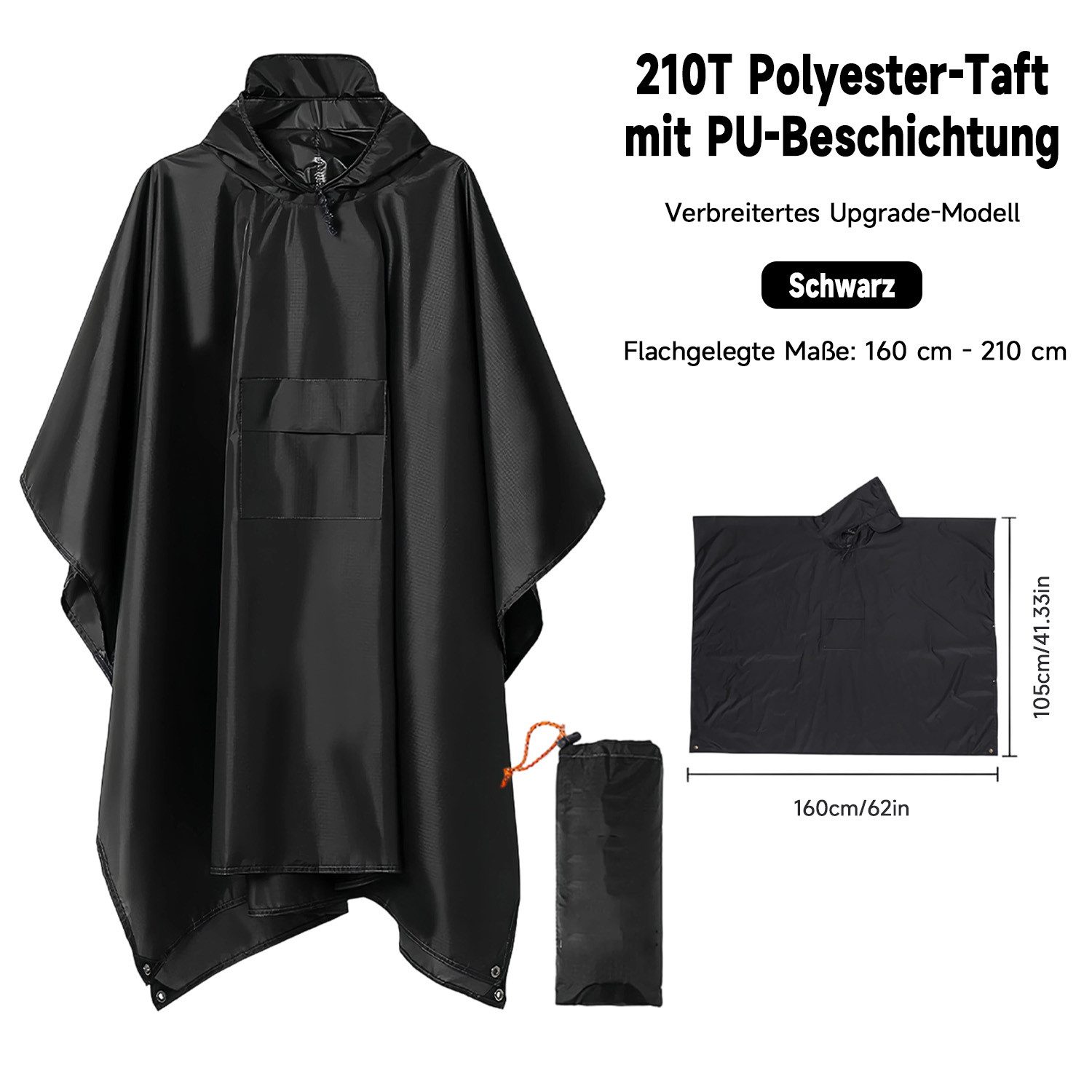 MOPUEA Regenmantel Regenponcho Regenjacke Wasserdicht Größe Regenponcho160×210 cm (Leicht, Faltbar) 3-in-1 Outdoor Poncho mit Kapuze und Tasche